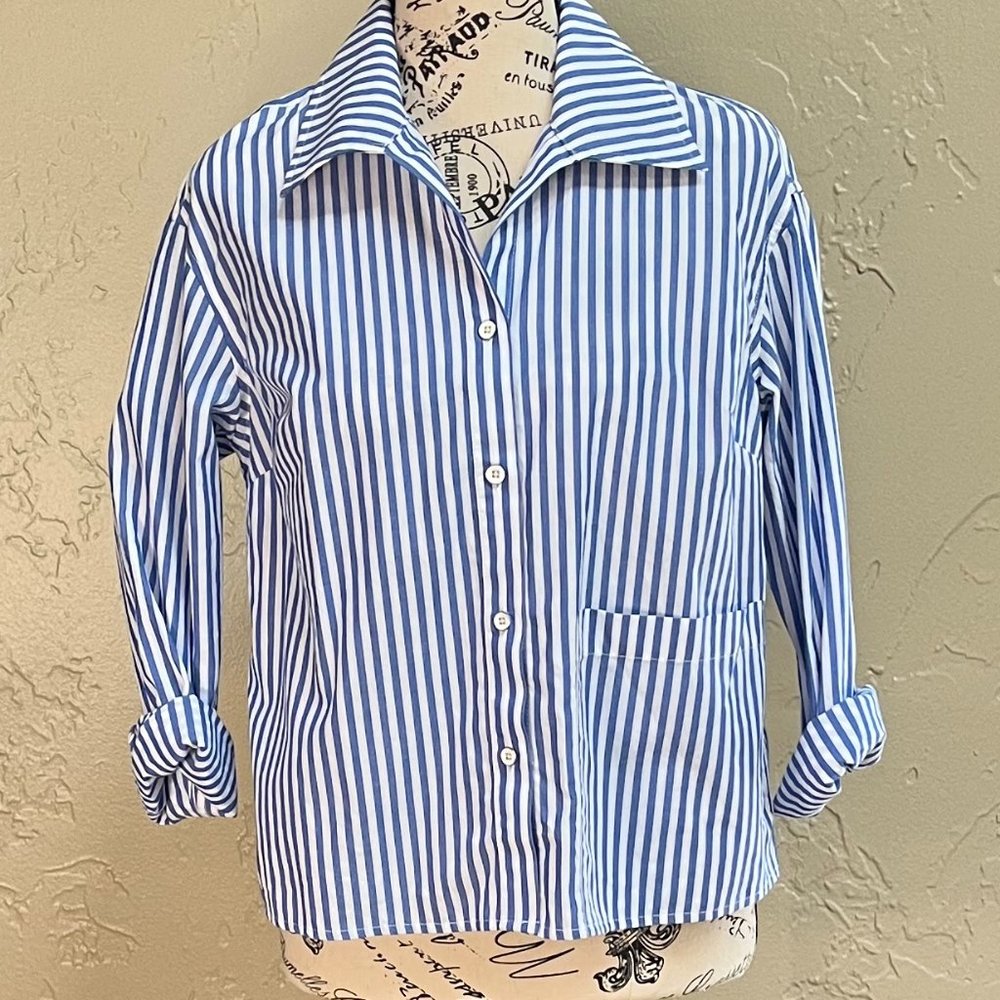 CAbi Blue and White Striped Blouse